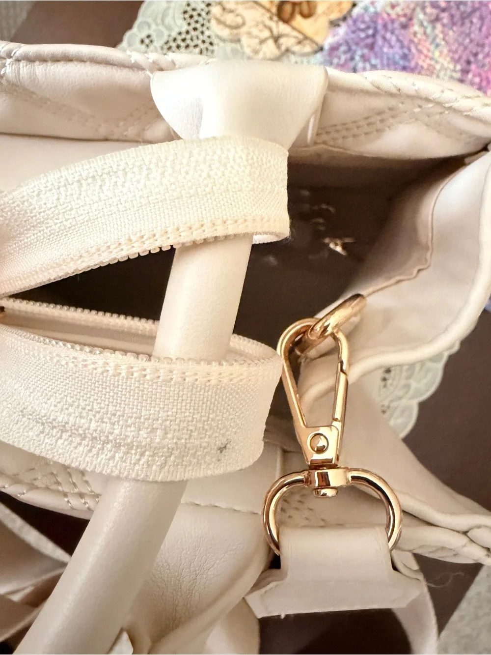Quilted Light Beige Satchel with Detachable Strap